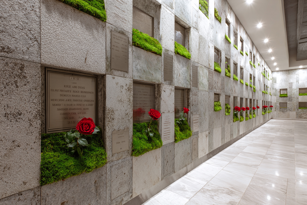 Un columbario decorado con musgo y flores preservadas